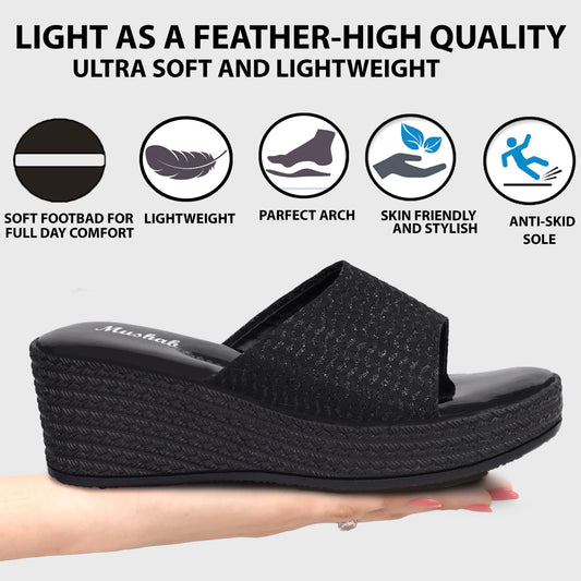 Moshun Women’s Glossy Wedge Heel Sandals, (Black)