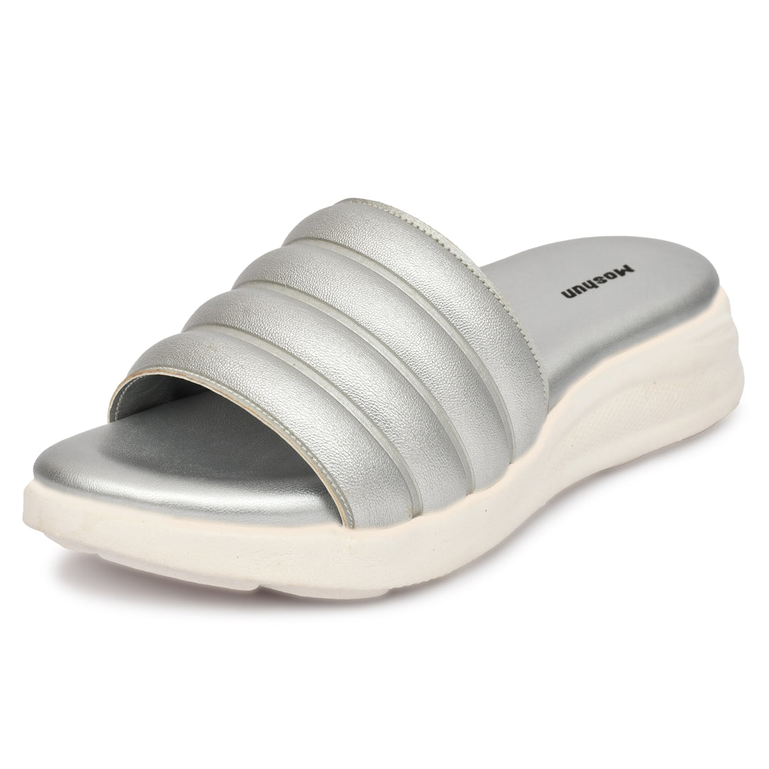 Moshun Women Wedge Heel Mule Slippers, (Silver)