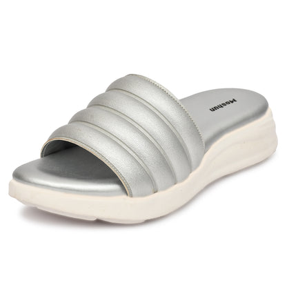 Moshun Women Wedge Heel Mule Slippers, (Silver)