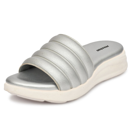 Moshun Women Wedge Heel Mule Slippers, (Silver)