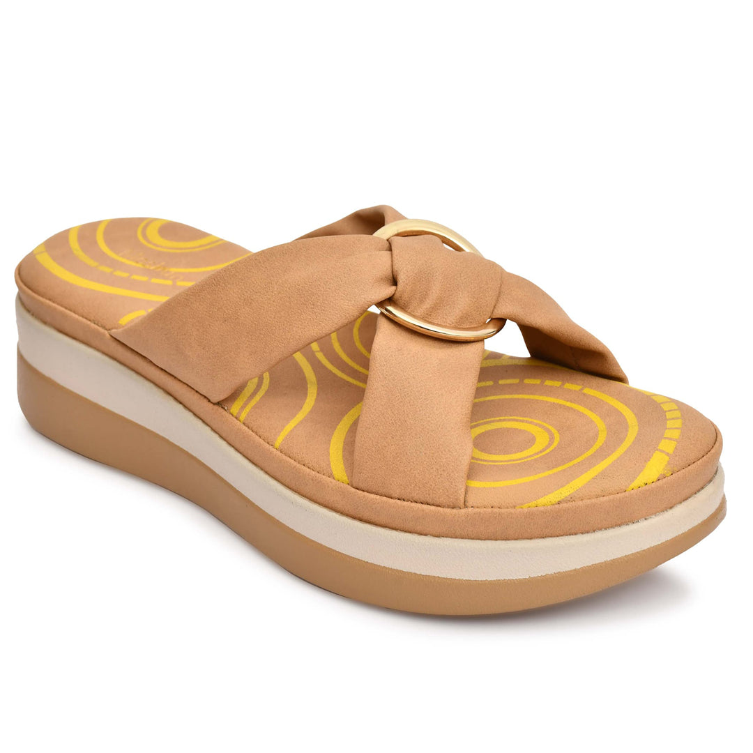 Moshun Women’s Open Toe Open Back Wedge Heel Sandals, (Tan)