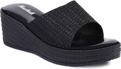 Moshun Women’s Glossy Wedge Heel Sandals, (Black)