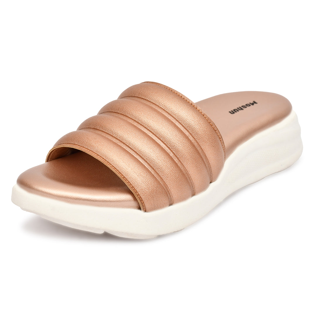 Moshun Women Wedge Heel Mule Slippers, (Rose Gold)