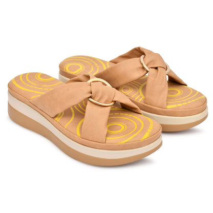 Moshun Women’s Open Toe Open Back Wedge Heel Sandals, (Tan)
