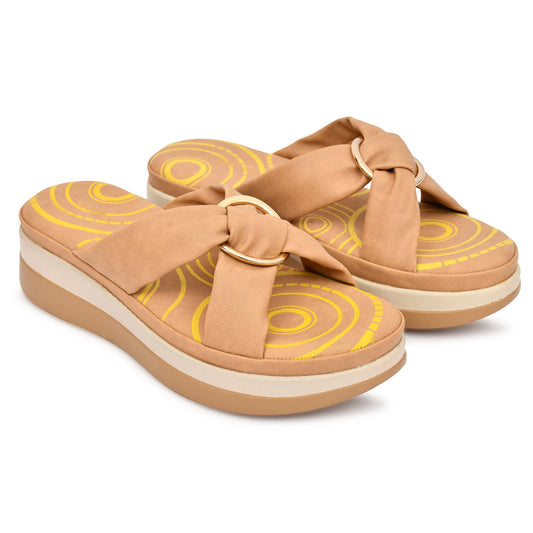 Moshun Women’s Open Toe Open Back Wedge Heel Sandals, (Tan)