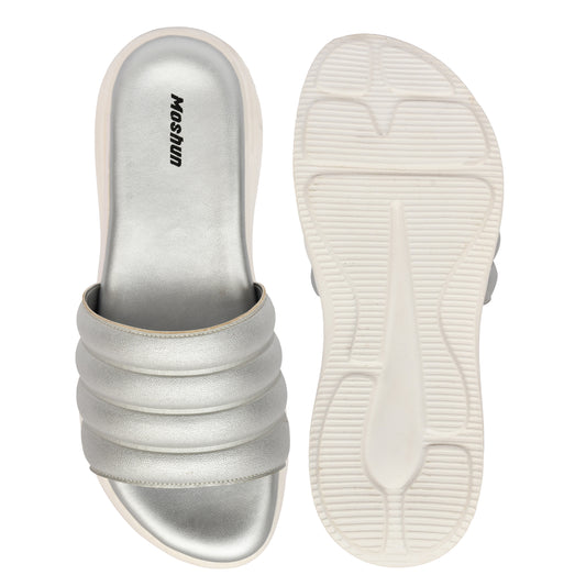 Moshun Women Wedge Heel Mule Slippers, (Silver)