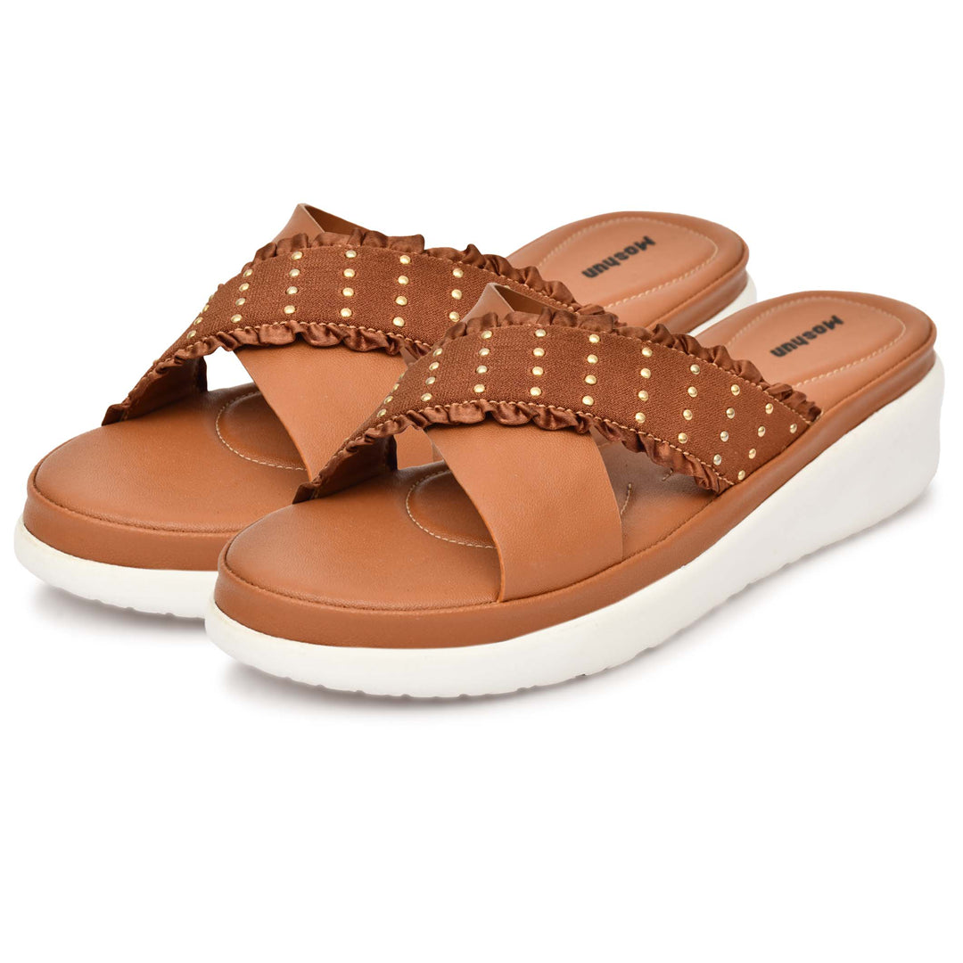 Moshun Women’s Golden Polka Dot Wedge Heel Sandals, (Tan)