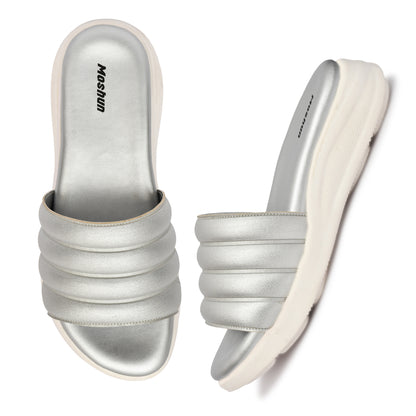 Moshun Women Wedge Heel Mule Slippers, (Silver)