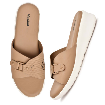 Moshun Women’s Adjustable Strap Open Toe Wedge Heel Sandals, (Beige)