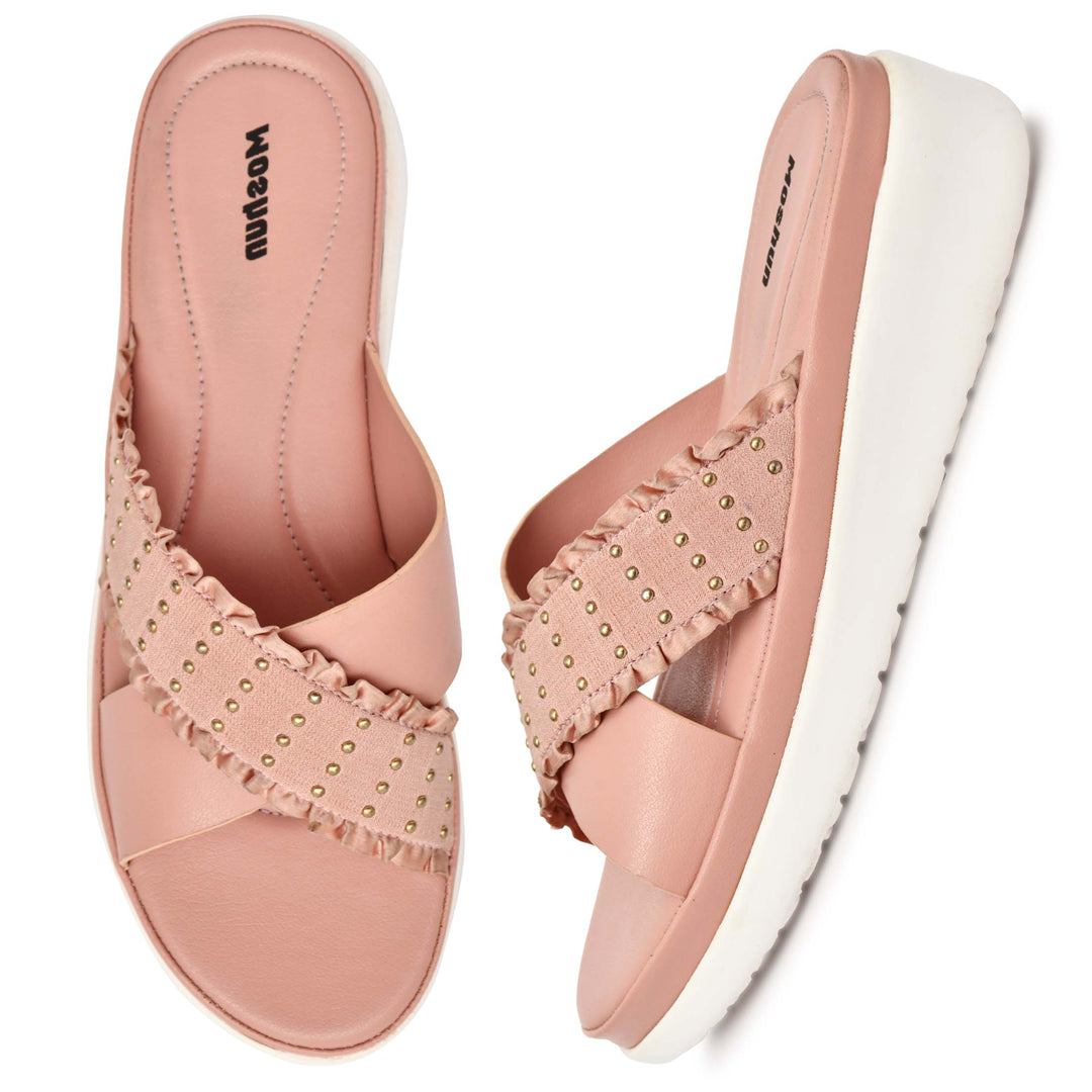 Moshun Women’s Golden Polka Dot Wedge Heel Sandals, (Pink)