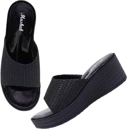 Moshun Women’s Glossy Wedge Heel Sandals, (Black)