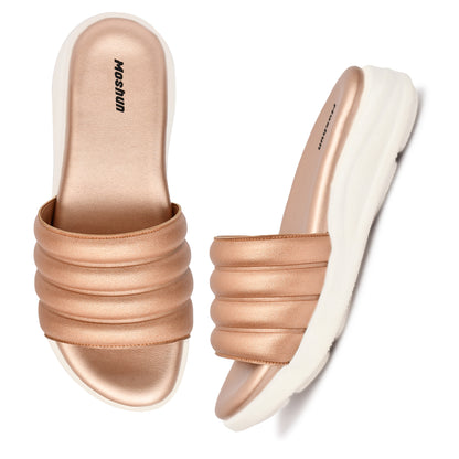 Moshun Women Wedge Heel Mule Slippers, (Rose Gold)