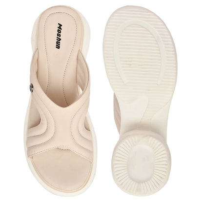 Moshun Women’s Open Toe Open Back Wedge Heel Sandals, (Beige)