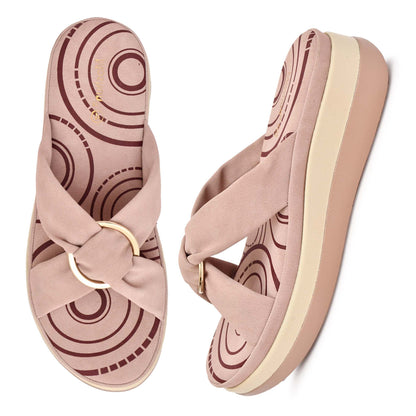 Moshun Women’s Open Toe Open Back Wedge Heel Sandals, (Peach)