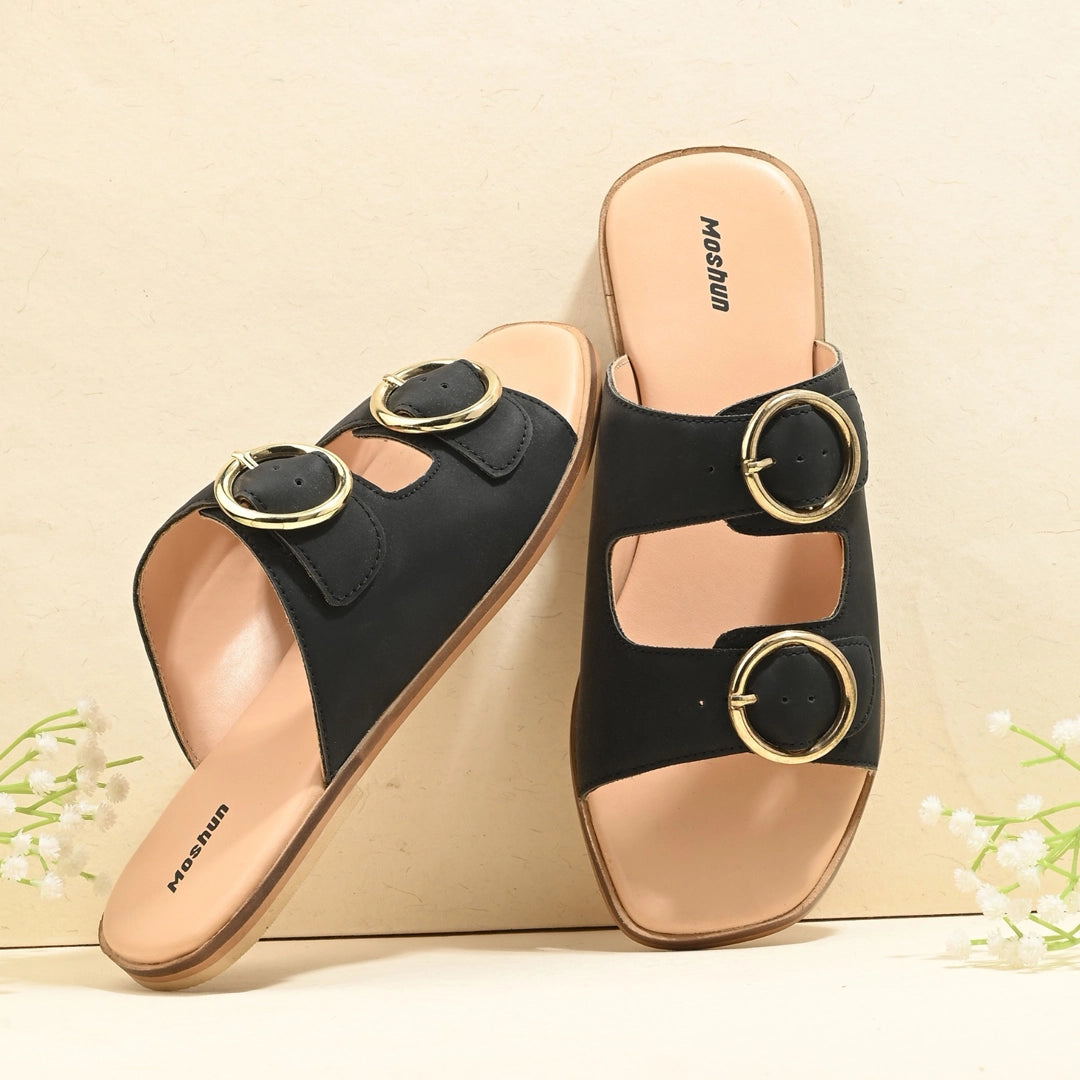 Moshun Women’s Fancy Orthopedic Flat Sandals, (Black)