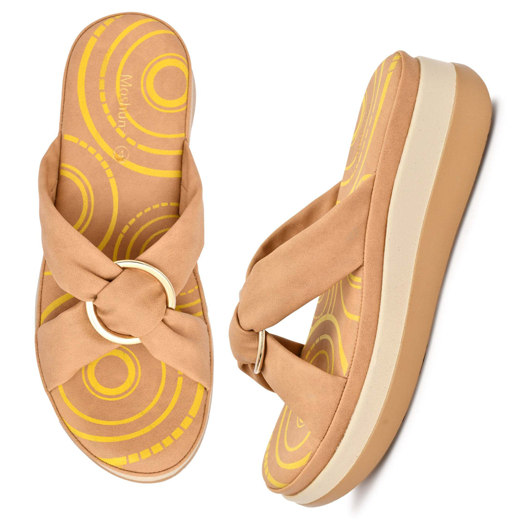 Moshun Women’s Open Toe Open Back Wedge Heel Sandals, (Tan)
