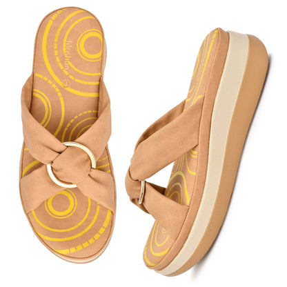 Moshun Women’s Open Toe Open Back Wedge Heel Sandals, (Tan)