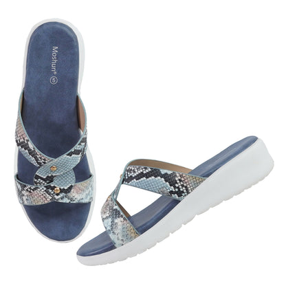 Moshun Women’s Printed Open Toe Flat Sandals, (Blue)