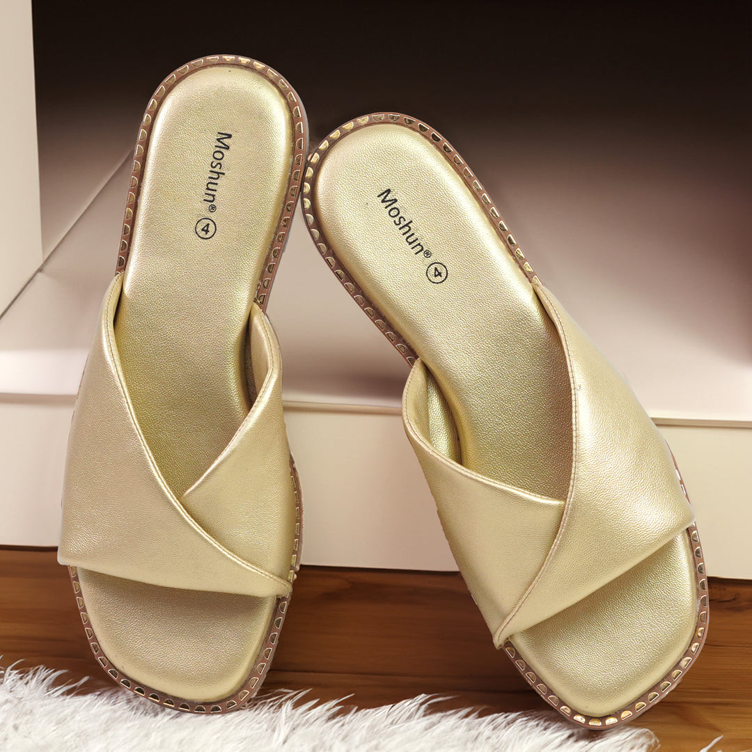 Moshun Women’s Open Toe Open Back Flat Slippers, (Gold)