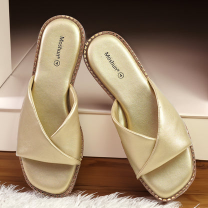 Moshun Women’s Open Toe Open Back Flat Slippers, (Gold)