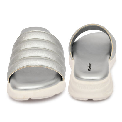Moshun Women Wedge Heel Mule Slippers, (Silver)