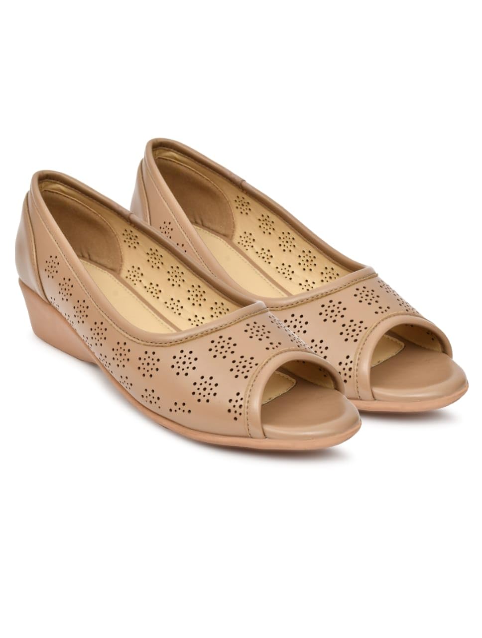 Moshun Women’s Peep Toe Belly Flats, (Tan)