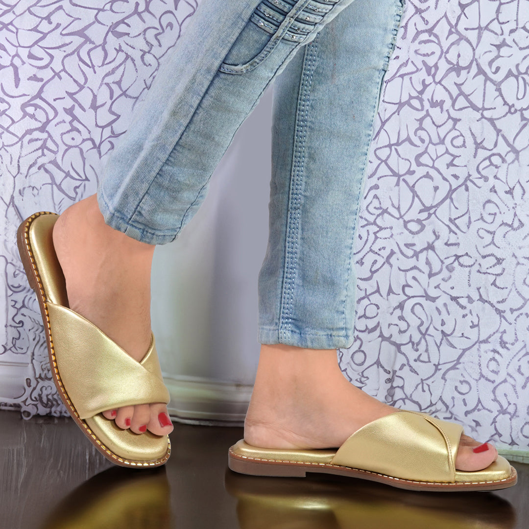 Moshun Women’s Open Toe Open Back Flat Slippers, (Gold)