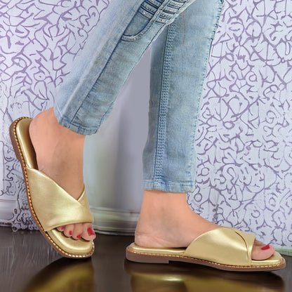Moshun Women’s Open Toe Open Back Flat Slippers, (Gold)