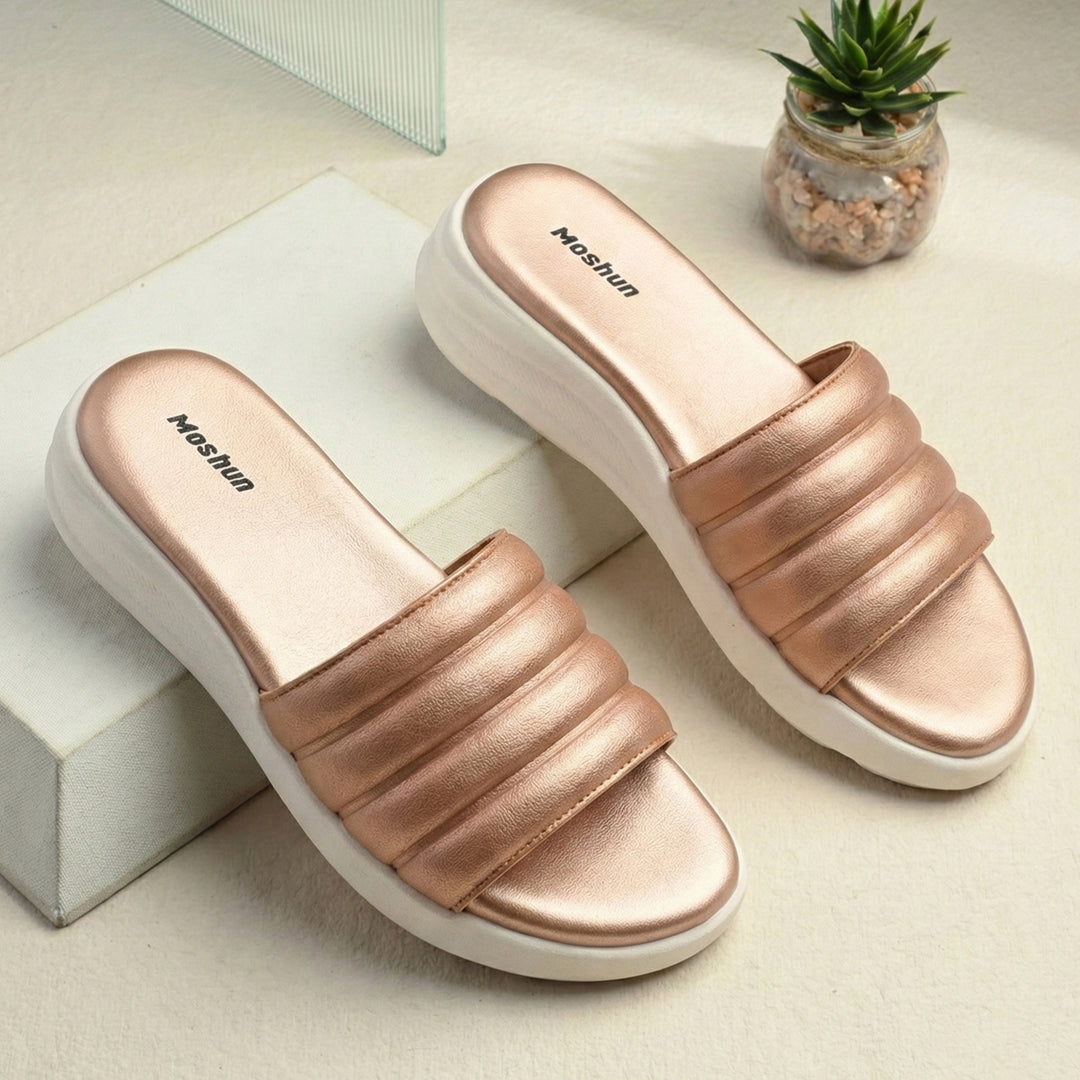 Moshun Women Wedge Heel Mule Slippers, (Rose Gold)