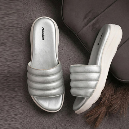 Moshun Women Wedge Heel Mule Slippers, (Silver)