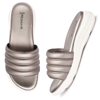 Moshun Women Wedge Heel Mule Slippers, (Gun Metal)