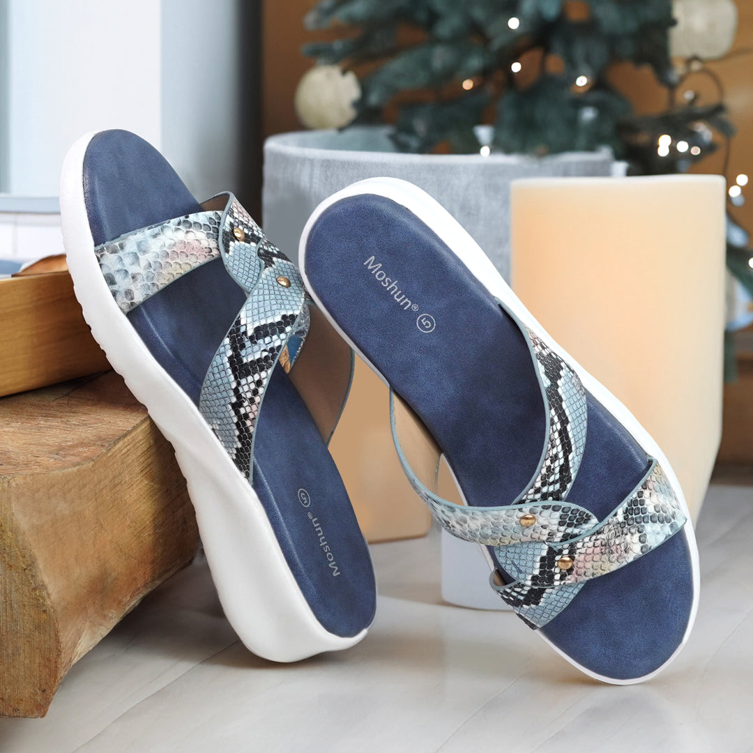 Moshun Women’s Printed Open Toe Flat Sandals, (Blue)