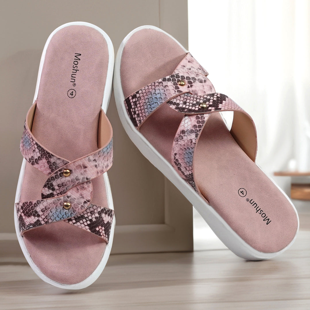 Moshun Women’s Printed Open Toe Flat Sandals, (Peach)