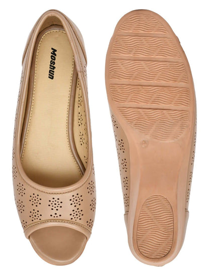 Moshun Women’s Peep Toe Belly Flats, (Tan)
