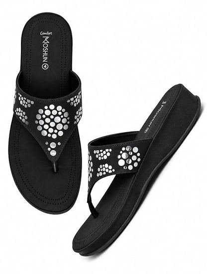 Moshun Women’s Memory Foam Thong Flip-Flop Slippers, (Black)