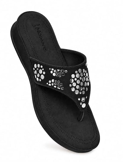 Moshun Women’s Memory Foam Thong Flip-Flop Slippers, (Black)