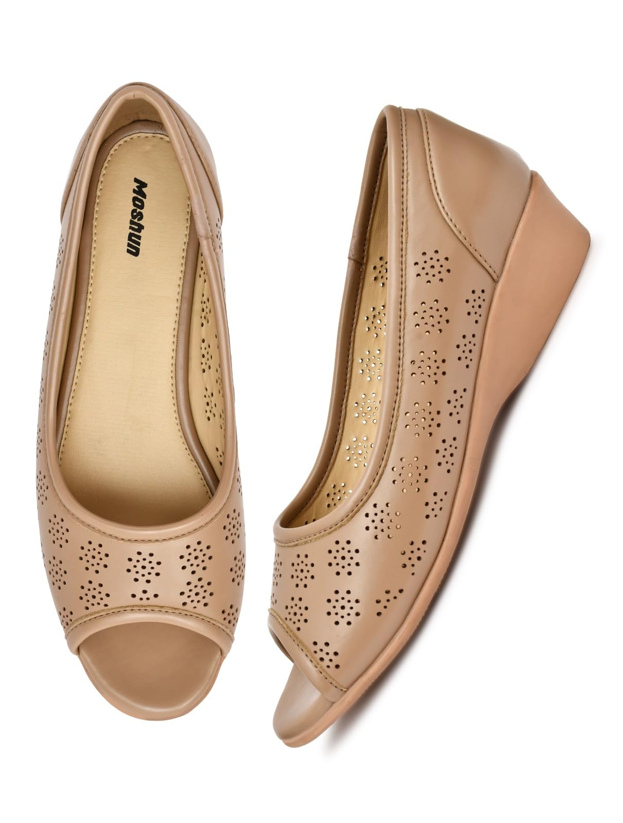 Moshun Women’s Peep Toe Belly Flats, (Tan)