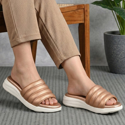 Moshun Women Wedge Heel Mule Slippers, (Rose Gold)