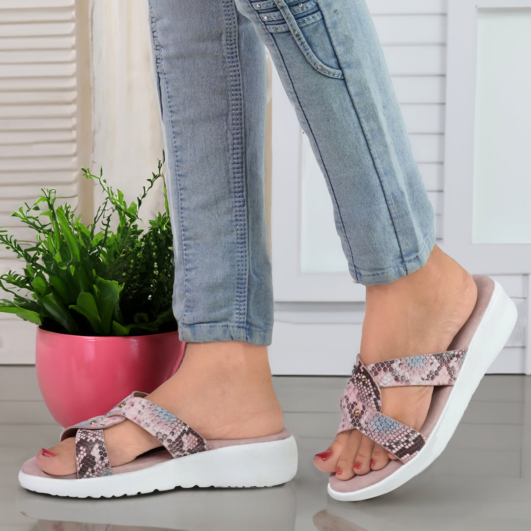 Moshun Women’s Printed Open Toe Flat Sandals, (Peach)
