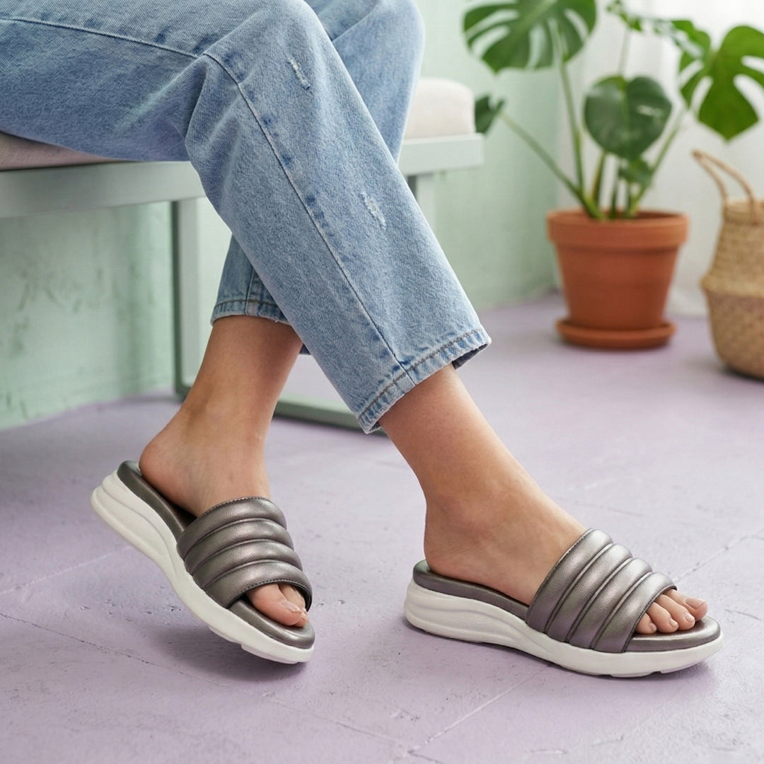 Moshun Women Wedge Heel Mule Slippers, (Gun Metal)
