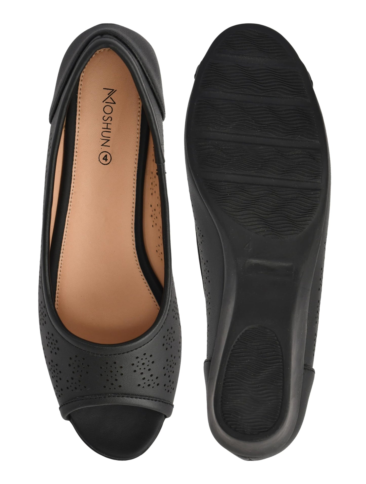 Moshun Women’s Peep Toe Belly Flats, (Black)