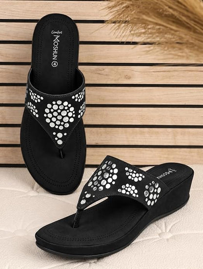 Moshun Women’s Memory Foam Thong Flip-Flop Slippers, (Black)