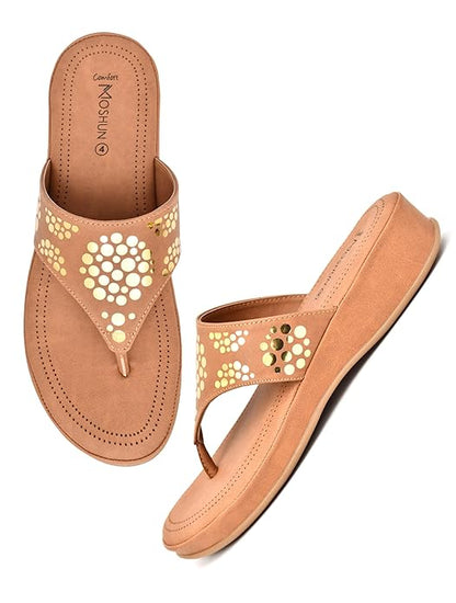 Moshun Women’s Memory Foam Thong Flip-Flop Slippers, (Tan)