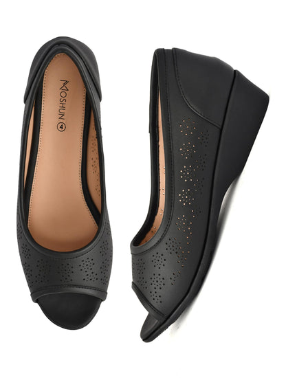 Moshun Women’s Peep Toe Belly Flats, (Black)