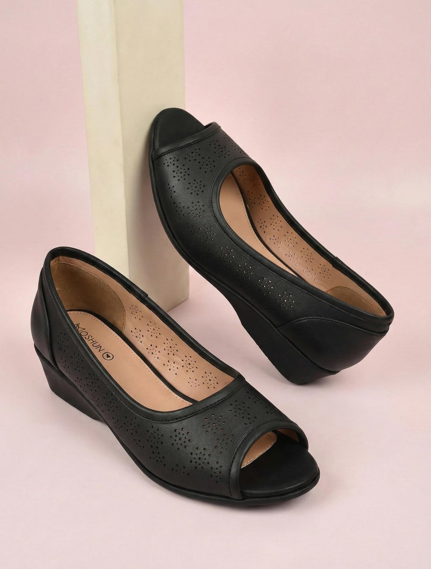 Moshun Women’s Peep Toe Belly Flats, (Black)