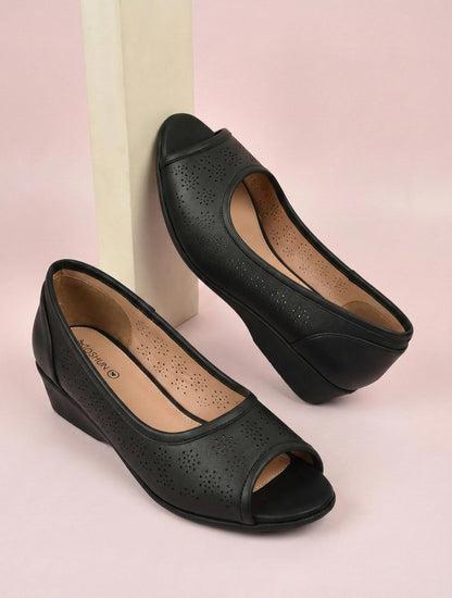 Moshun Women’s Peep Toe Belly Flats, (Black)