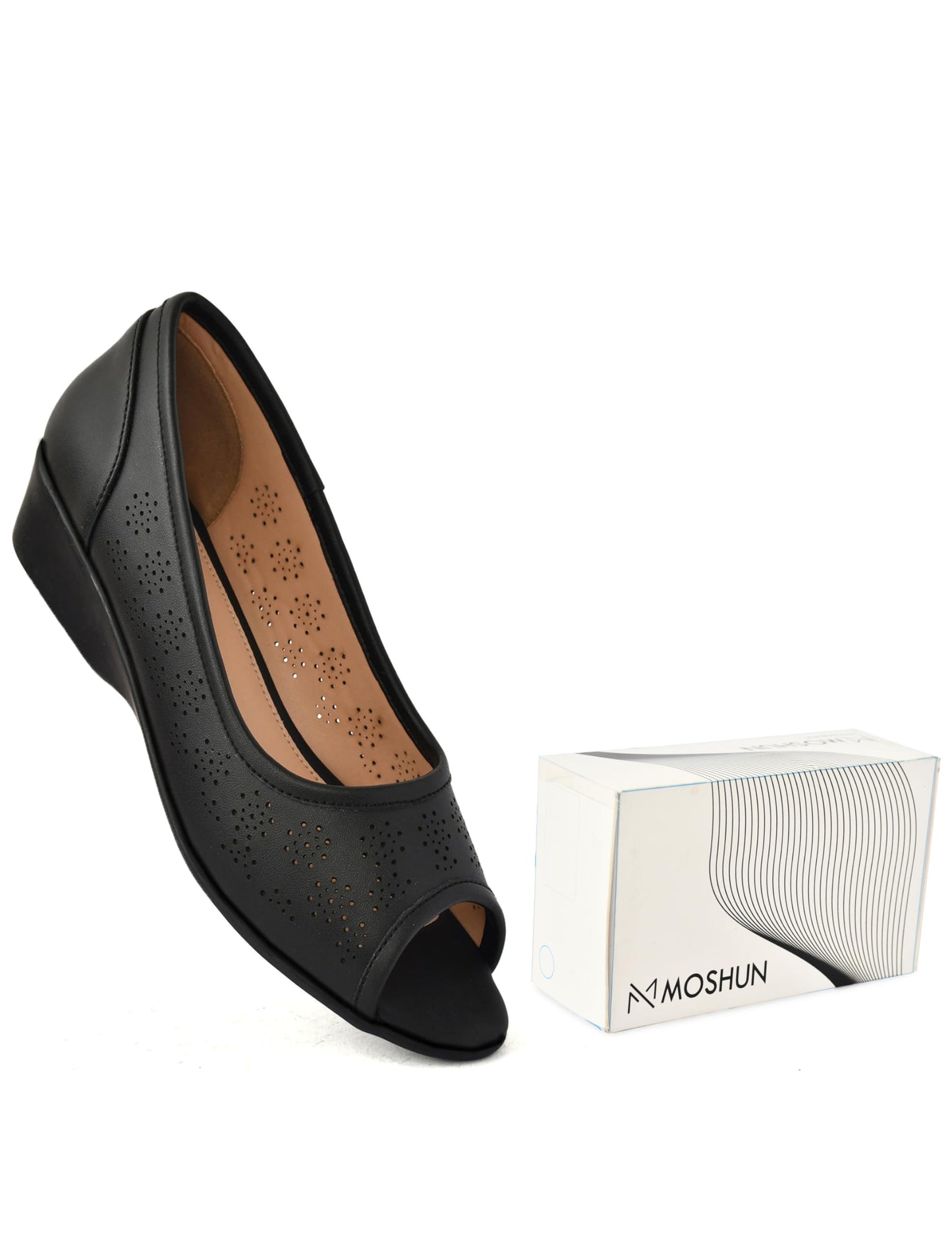 Moshun Women’s Peep Toe Belly Flats, (Black)