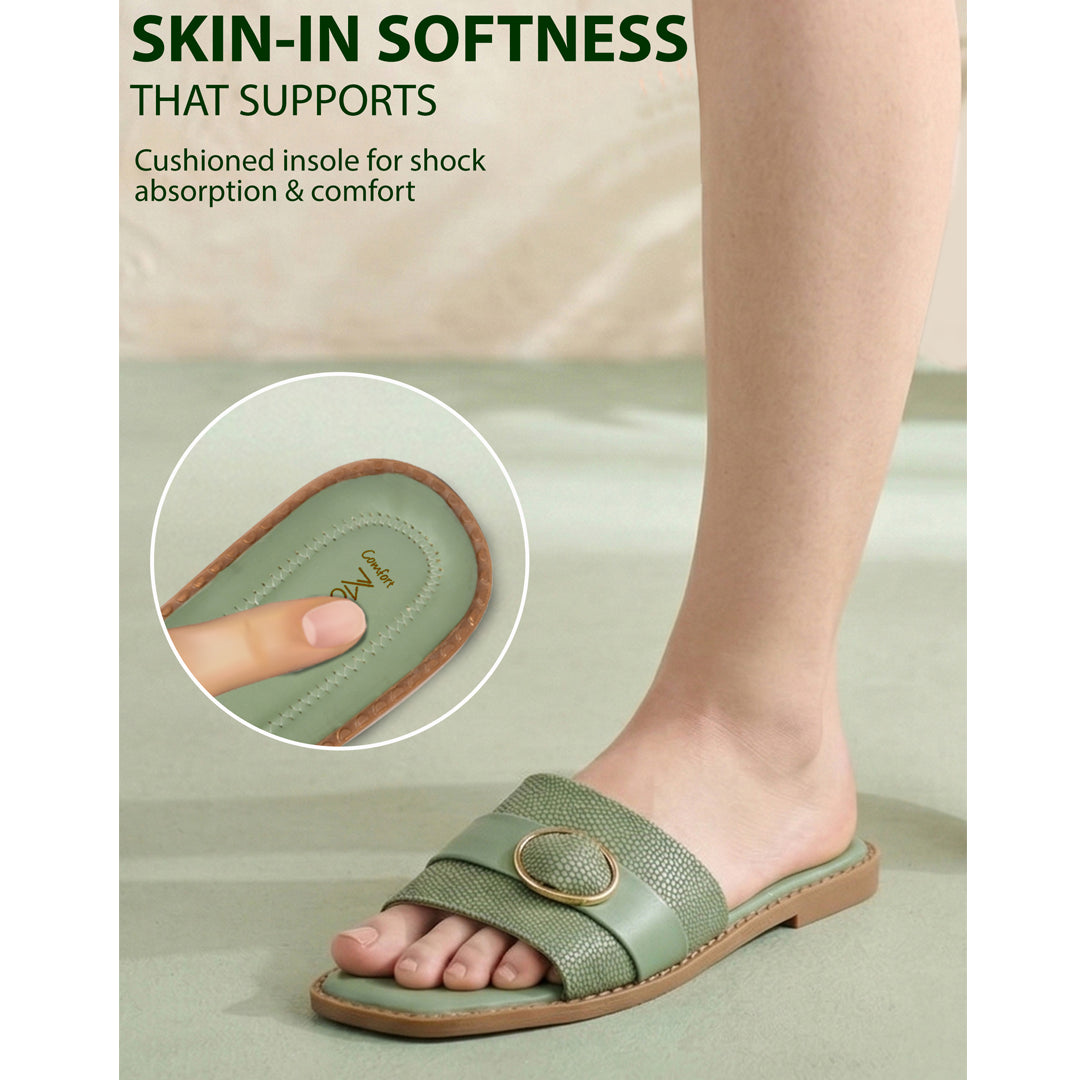 MOSHUN Women’s Open Toe Soft Cushioned Light Weight Flat Sandals, (Green)