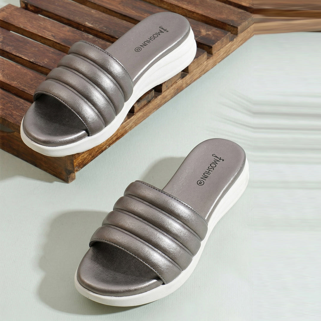 Moshun Women Wedge Heel Mule Slippers, (Gun Metal)