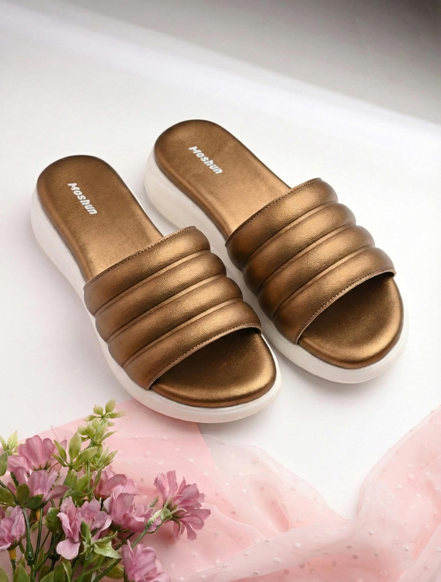 Moshun Women Wedge Heel Mule Slippers, (Gold)